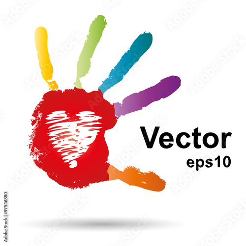 Vector onceptual children painted hand print and heart isolated