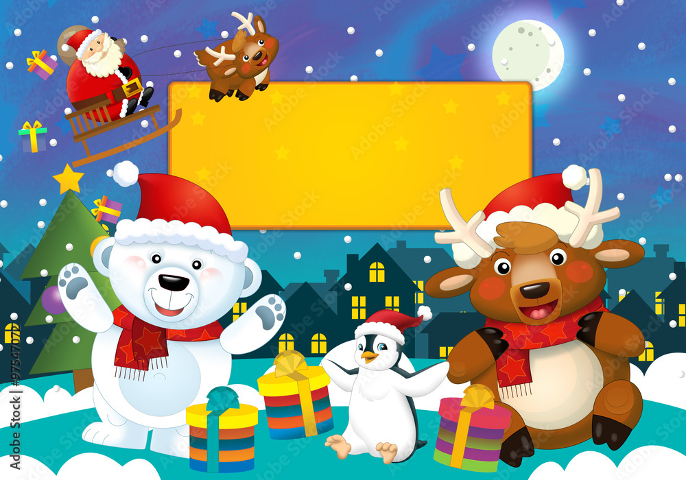 Christmas happy scene with different animals and santa - space for text - illustration for the children Christmas happy scene with different animals and santa - space for text - illustration for the children