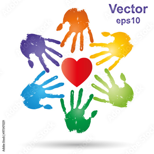 Vector conceptual children painted hand print and heart isolated