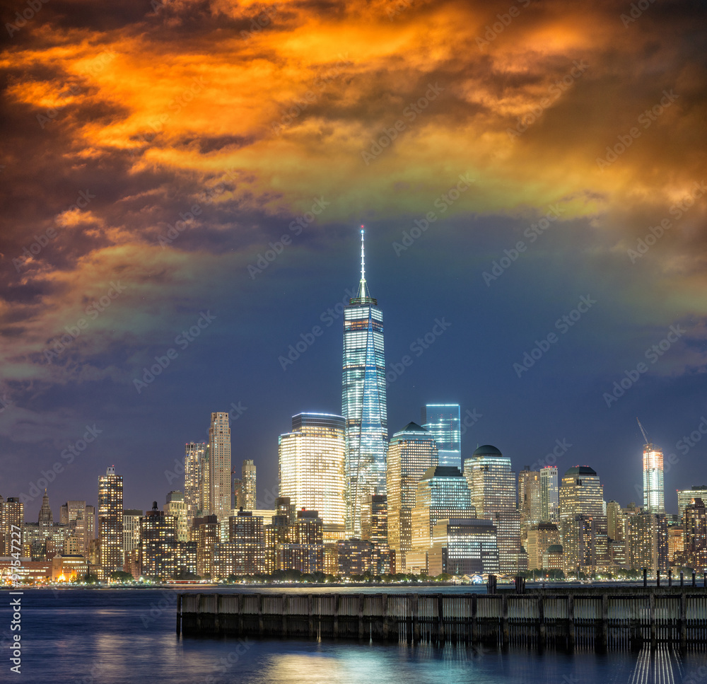 Lower Manhattan night skyline. View from Jersey City