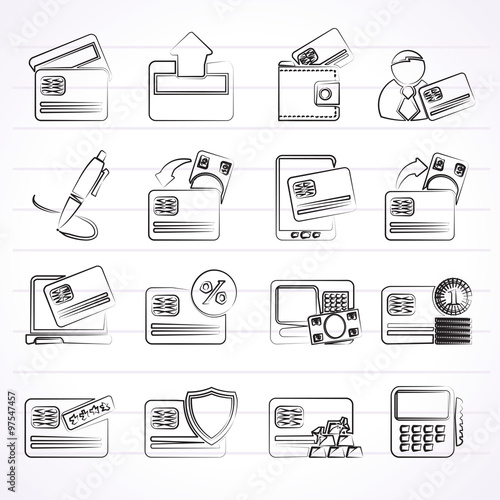 credit card, POS terminal and ATM icons - vector icon set