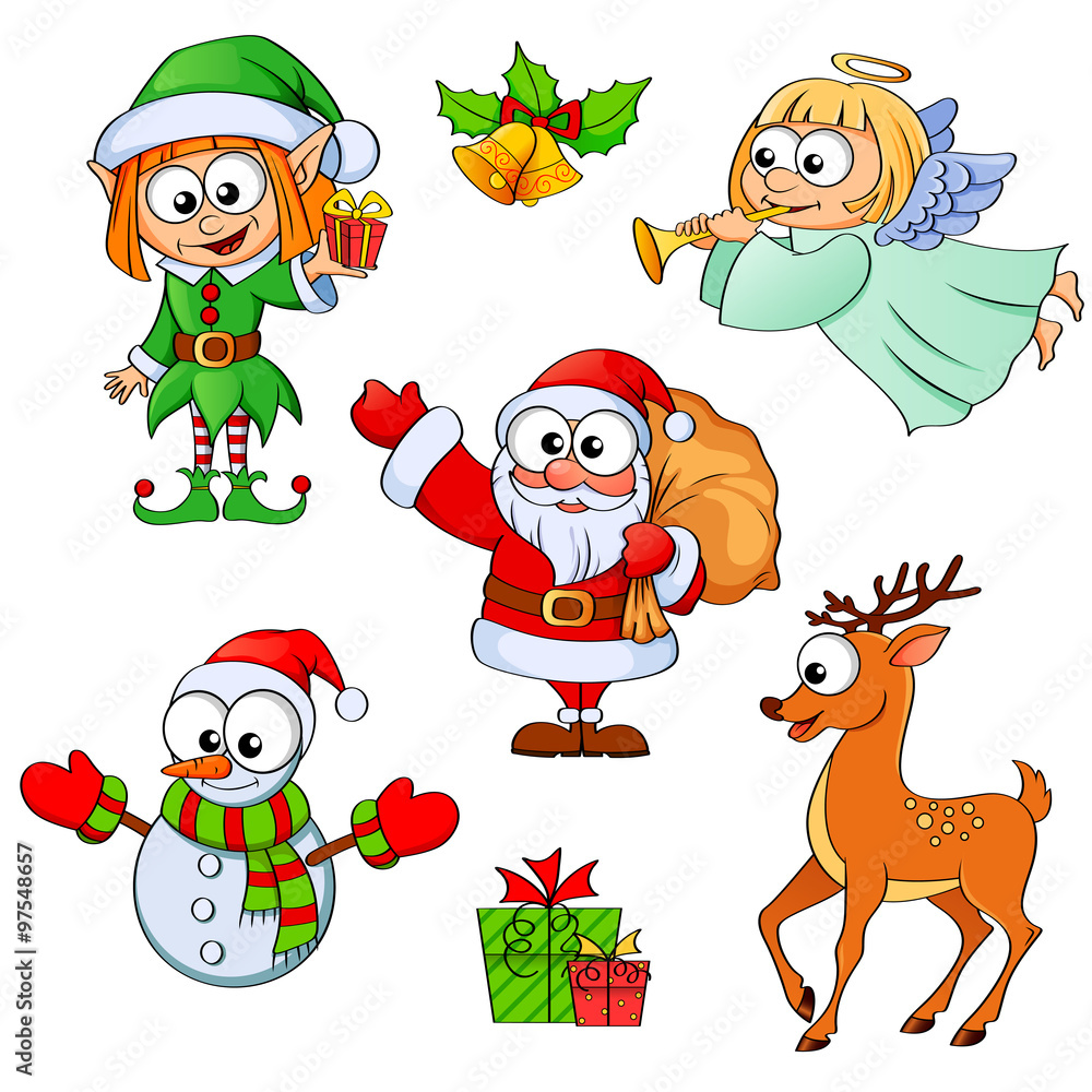 Christmas and new year characters. Santa Claus, snowman, elf, Christmas angel, reindeer, gifts and bells. Christmas and new year characters. Santa Claus, snowman, elf, Christmas angel, reindeer, gifts and bells.
