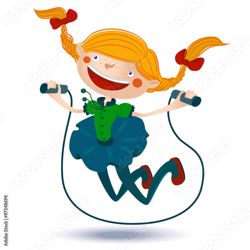 Girl with jumping rope. Cartoon vector character on white background for sports design.