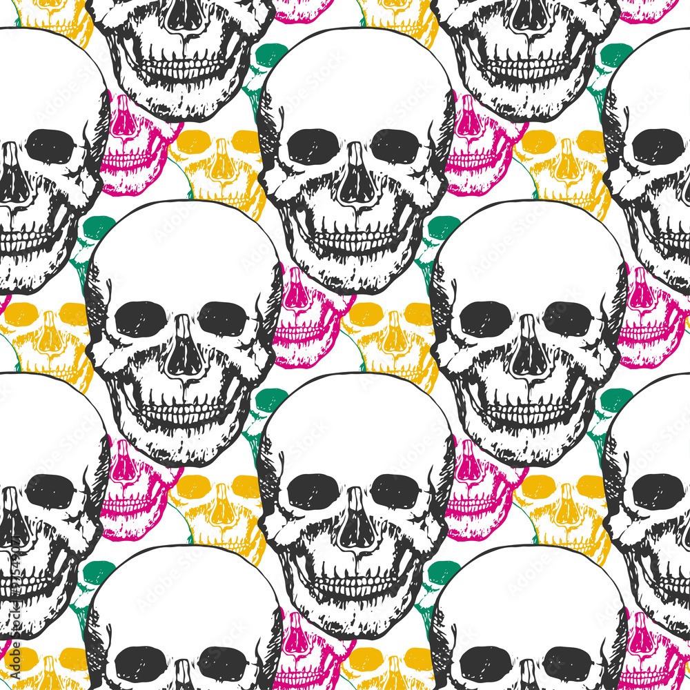 Beauty skulls pattern. Hand drawn seamless background with color triangle for textile, fabric, wrapping. Vector art