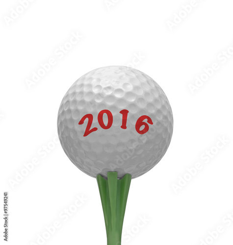 2016 Golf Ball on green tee isolated over white