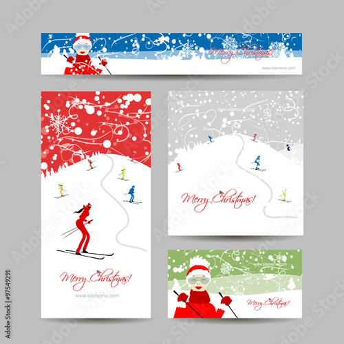 Business cards design. People skiing, winter mountain landscape