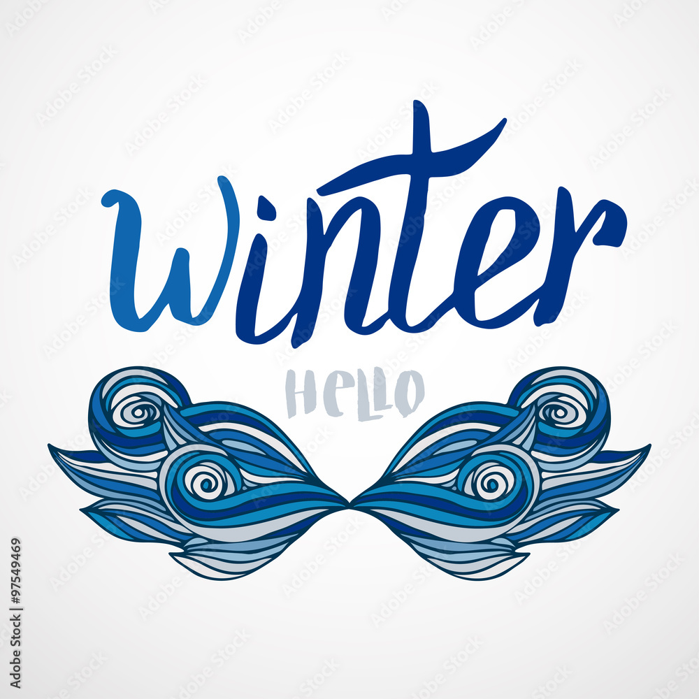 Hipster winter card with creative mustache. Vector calligraphic word with blue decor. Hipster winter card with creative mustache. Vector calligraphic word with blue decor.