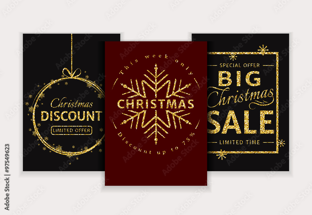 Christmas sale. Vector glitter banners set.