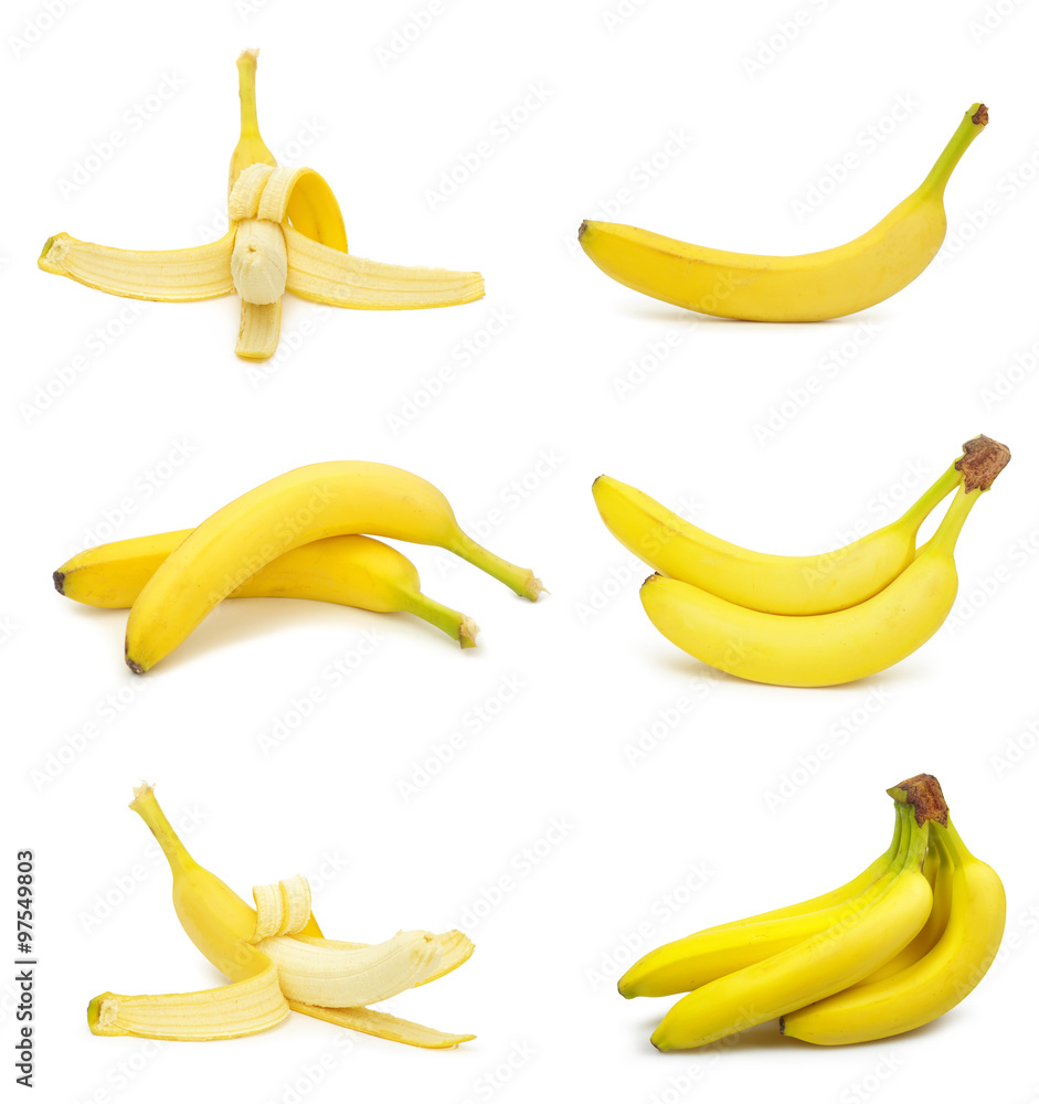 collection of fresh bananas isolated on white background