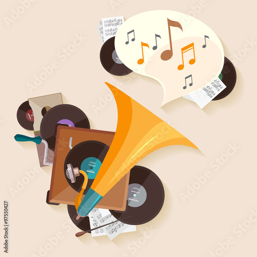 Music poster with gramophone. Flat design.