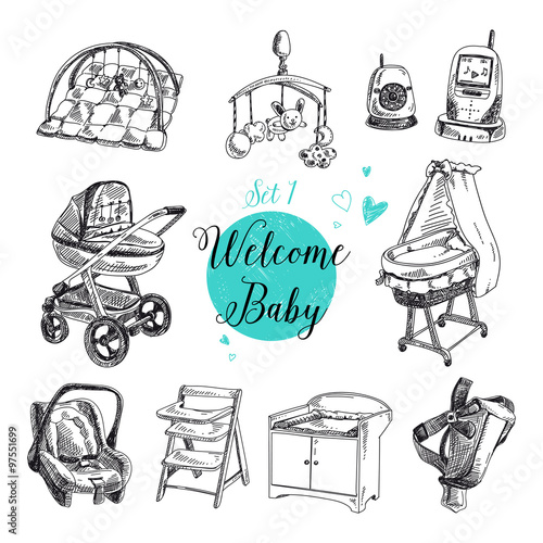 Vector set of highly detailed hand drawn baby stuff. 