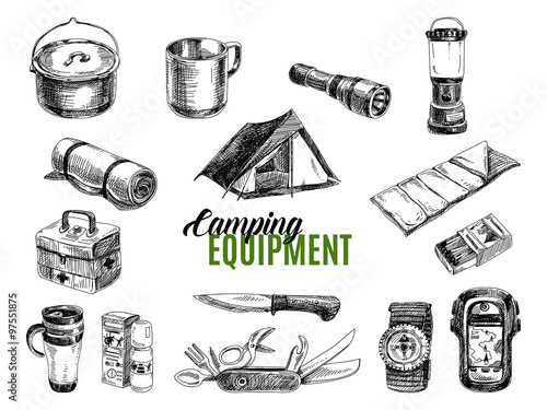 Vector set of highly detailed hand drawn camping stuff. 