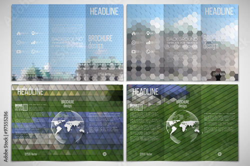 Vector set of tri-fold brochure design template on both sides with world globe element. Park landscape. Abstract multicolored backgrounds. Geometrical patterns. Triangular and hexagonal style