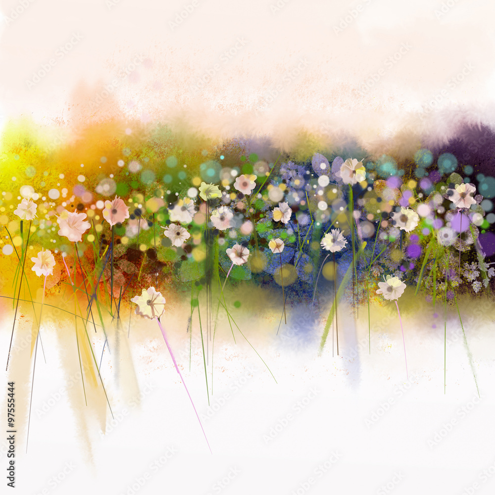 Fototapeta premium Floral watercolor painting. Artistic hand paint white flowers on soft yellow, green, blue water color background. Abstract art flower paintings in meadows. Spring seasonal nature background 