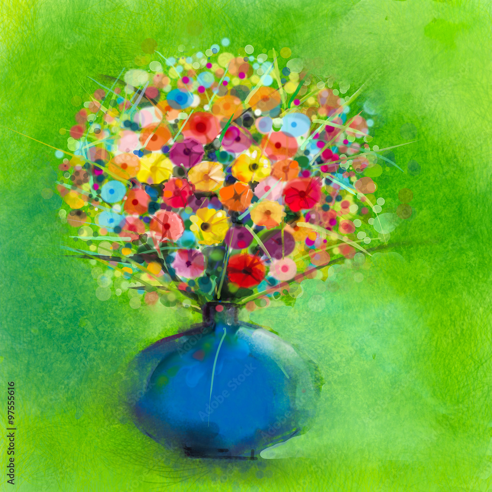 Obraz premium Abstract art watercolor painting of spring flower. Artistic still life of bouquet,yellow,red color flora. Gerbera,daisy and green leaf in blue vase. Green background. Hand Painted floral Impressionist