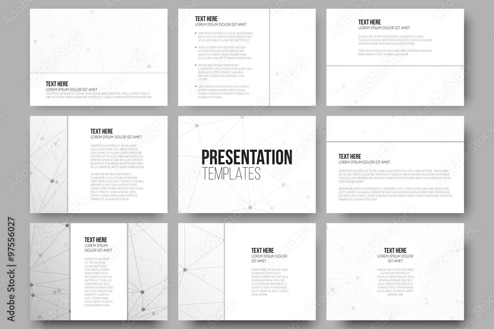 Set of 9 templates for presentation slides. Molecular structure design, scientific vector background
