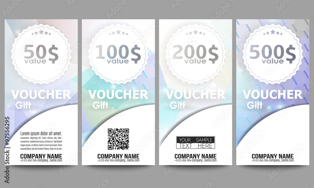 Set of modern gift voucher templates. Colorful triangle design, abstract vector background