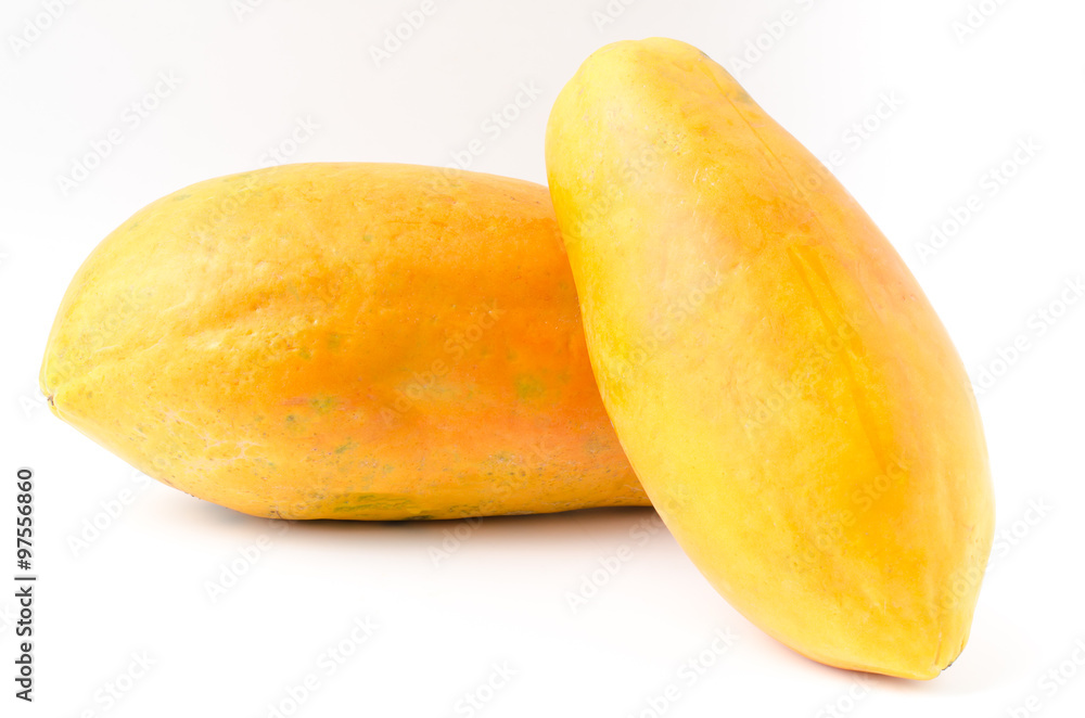 Ripe papaya fruit on white background