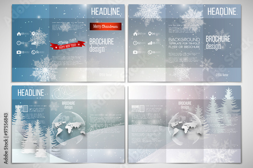 Vector set of tri-fold brochure design template on both sides with world globe element. Merry Christmas and happy New Year vector background