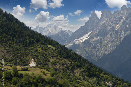 Caucasus mountines with wiew to small church near Mestia direct to Chalati galcier