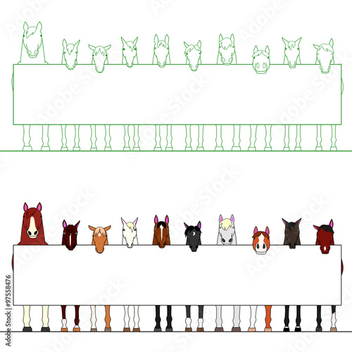 Horses in a row with a white board