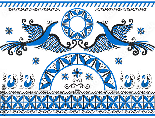 Ornament with decorative elements of cosmogonic traditional folk art of northern region of Russia. Mezensky blue firebirds. Illustration, vector