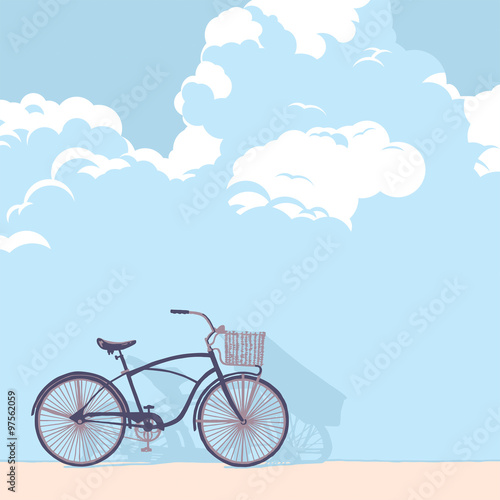 Drawn bicycle on the background wall of clouds