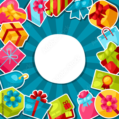 Celebration background or card with colorful sticker gift boxes