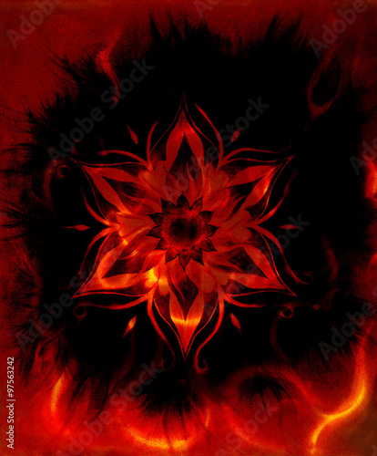 ornamental mandala, color abstract background with fire flame, LAVA structure, Red, orange, black color.