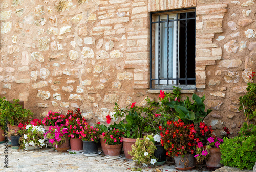 Fototapeta Naklejka Na Ścianę i Meble -  Plants in pots on narrow streets of the ancient city of Spello, Umbria, Italy