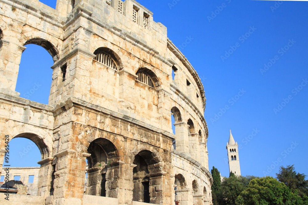 Amphitheatre and bell tower in Pula, Croatia