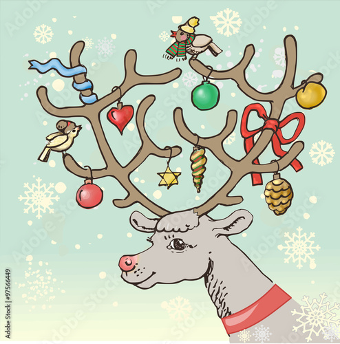 Christmas vector illustration. Face of a reindeer with decorated