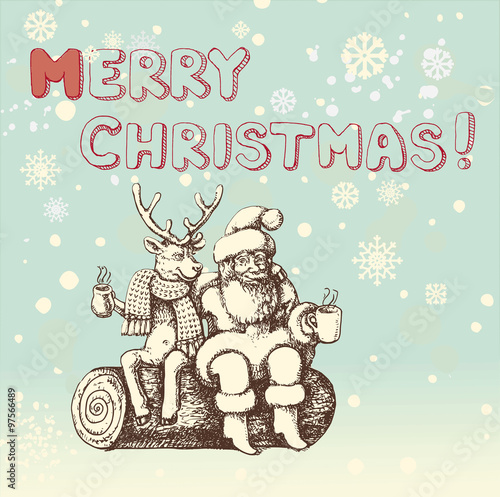 Santa Claus and reindeer Rudolph taking a coffee break 