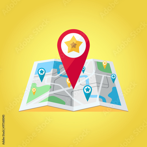 GPS map pointers on the map vector illustration. Big red GPS pointer with star. Modern flat design.