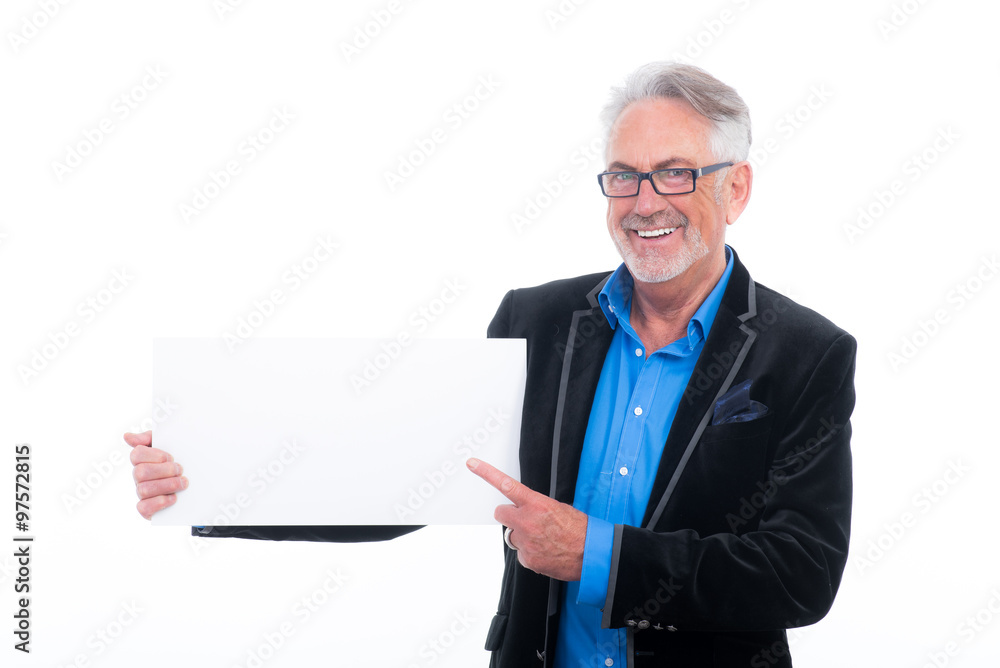 lachender senior mit werbehinweis