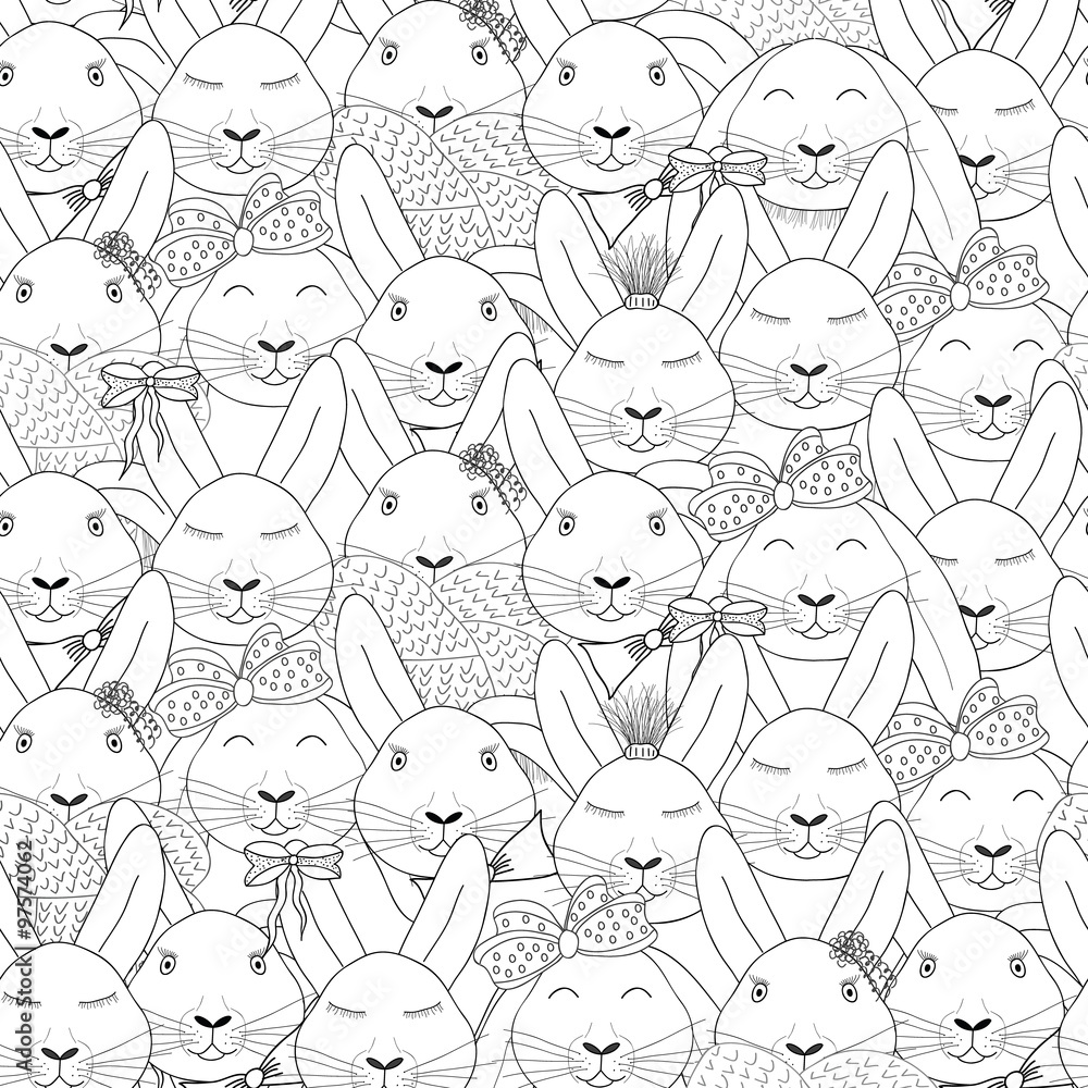 Fototapeta premium Seamless pattern with rabbits. Head closeup. Black and white.
