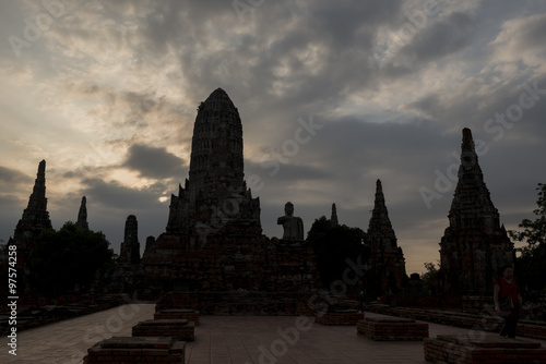 Ancient ruin of the temple Wat Chai Watthanaram   at twilight time in Ayutthaya, Thailand. © swasdee