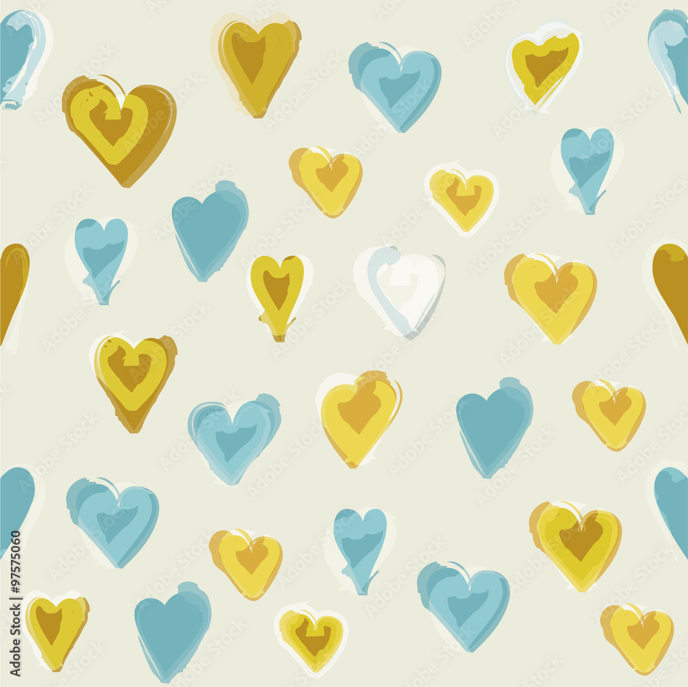 Water painted heart seamless pattern. White isolated vector background, wall paper.
