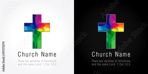 Church mission colored logo. The bright faceted mosaic cross.