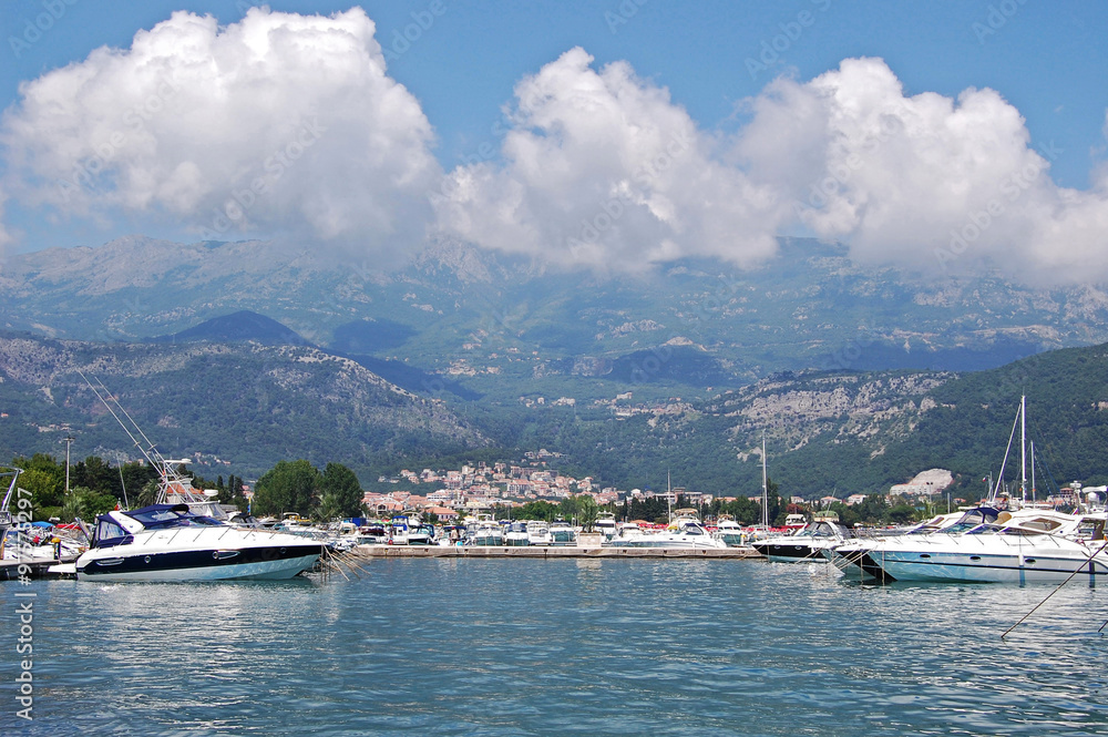 Budva. Montenegro. Seascape, boats, mountains