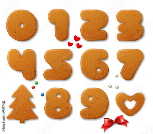 Set of vector numbers in shape of Christmas gingerbreads with design elements, isolated on white 
