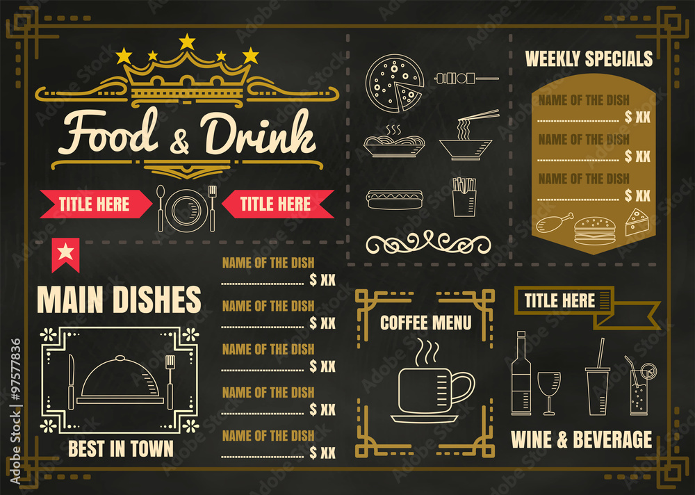 Naklejka premium Restaurant Food Menu Design with Chalkboard Background