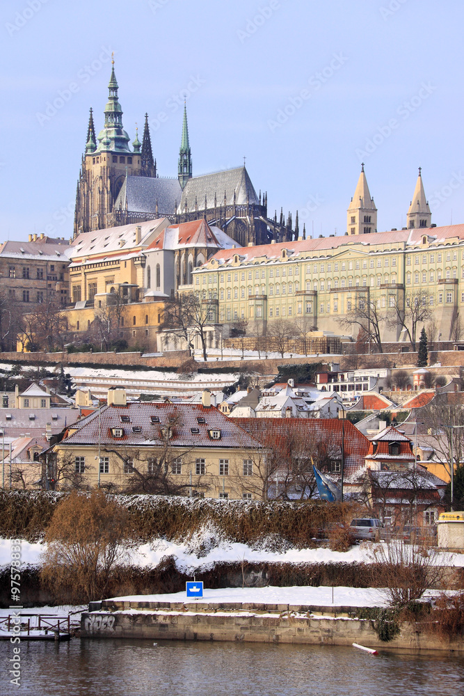 Christmas snowy Prague gothic Castle above River Vltava, Czech Republic