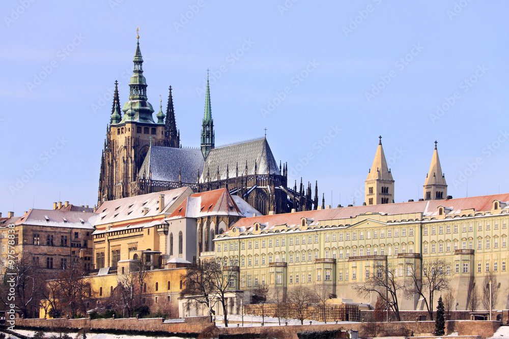 Christmas snowy Prague gothic Castle above River Vltava, Czech Republic