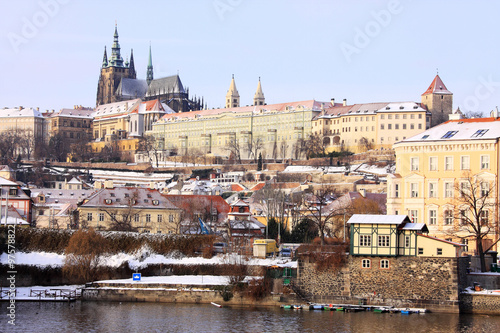 Christmas snowy Prague gothic Castle above River Vltava, Czech Republic