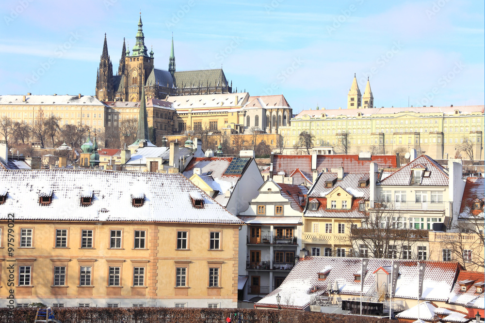 Snow in Christmas Prague City with the gothic Castle, Czech Republic