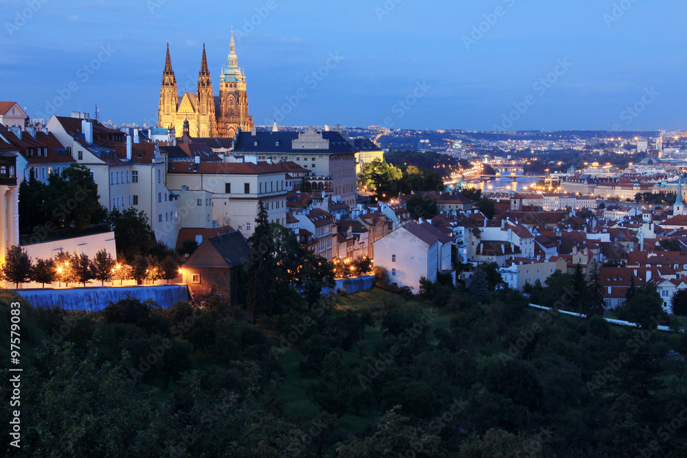 Evening Prague City with the gothic Castle, Czech Republic