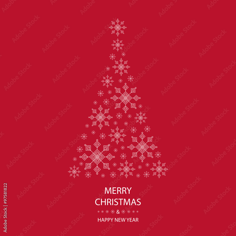 merry christmas and happy new year greeting card with white christmas tree on red background