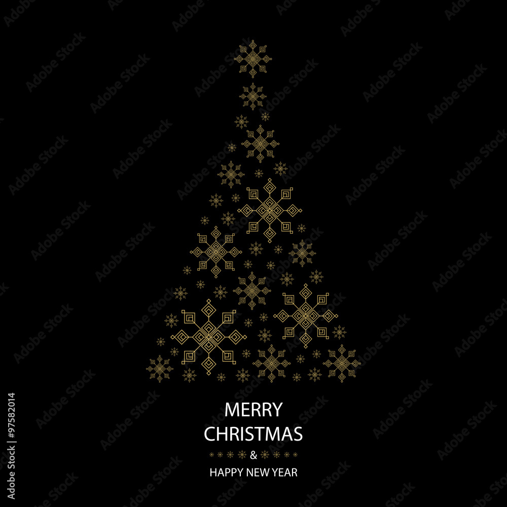 merry christmas and happy new year greeting card with gold christmas tree on black background merry christmas and happy new year greeting card with gold christmas tree on black background