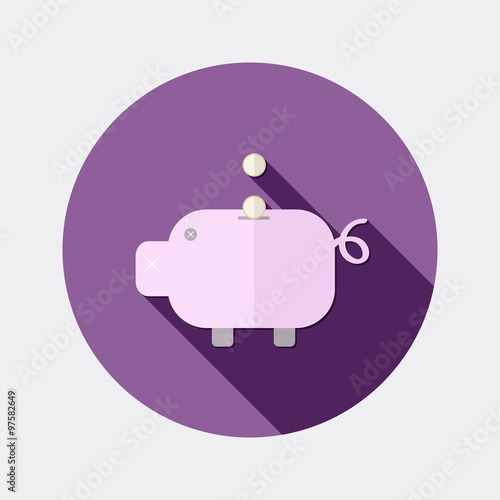 Flat design money pig with coin icon with long shadow